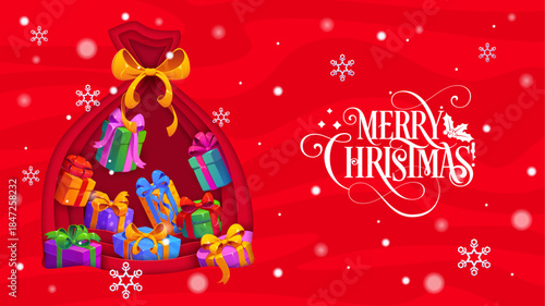 Merry Christmas paper cut greetings card with gifts bag and present boxes. Vector 3d paper cut red sack frame with festive boxes of Xmas gifts at red background with snowflakes and Christmas greetings