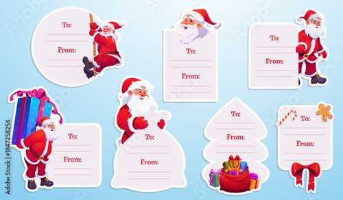 Christmas gift tags and stickers pack with cartoon cheerful Santa Claus, vector Xmas holidays. Funny Santa characters with Christmas present boxes, red ribbon bow and gingerbread man hanging gift tags