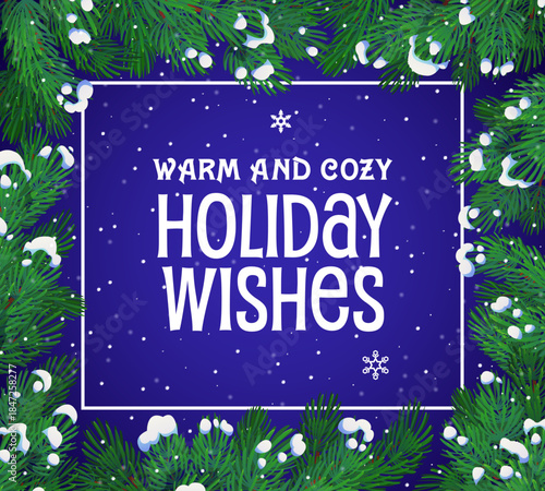 Merry Christmas greeting card with pine tree twigs, snowflakes and warm cozy holiday wishes. Vector Xmas tree frame with square borders of cartoon pine or fir branches wreath with Christmas greetings