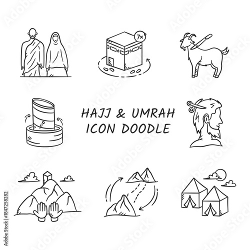 Hajj and umrah doodle icon design collection. Muslim islamic pilgrimage ritual hand drawn illustration containing kaaba, arafat, goat.