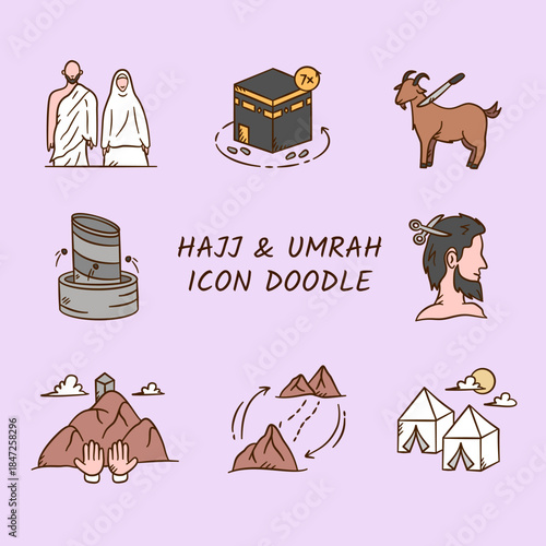 Hajj and umrah doodle icon design collection. Muslim islamic pilgrimage ritual hand drawn illustration containing kaaba, arafat, goat.