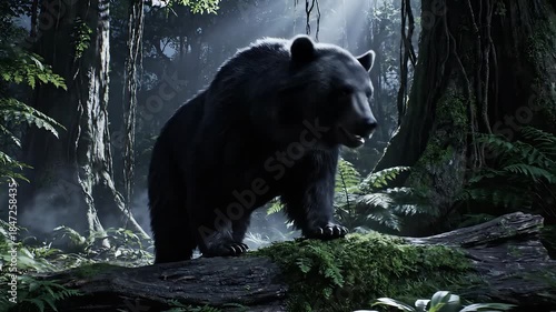 A majestic brown bear a powerful symbol of wilderness walks gracefully through a dense sundappled forest its fur illuminated by ethereal light rays piercing through the lush canopy showcasing the raw.