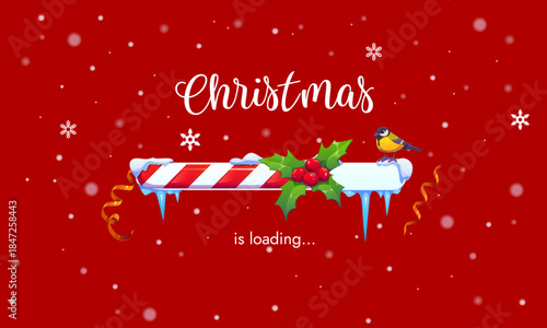 Merry Christmas holiday countdown loading bar with frozen candy cane slider, covered in snow, holly leaves and red berries, while a small winter bird sits on the edge under falling snowflakes