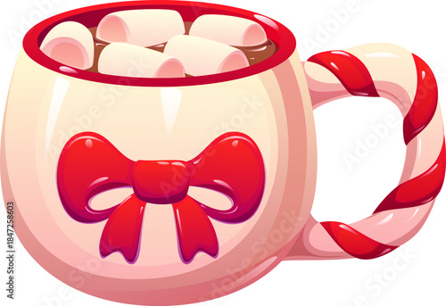 Merry Christmas cartoon hot cocoa cup decoration. Merry Christmas festive isolates vector beverage with marshmallows, Xmas holiday hot cocoa or chocolate ceramic mug with red ribbon bow decoration