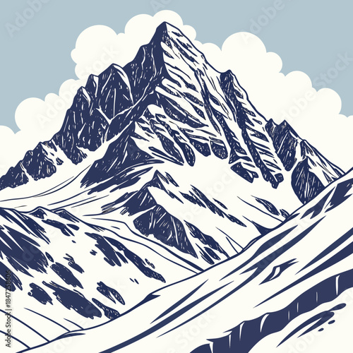Dramatic stylized illustration of a majestic, snowcovered mountain peak against a pale blue sky with white clouds, rendered in a bold, graphic, twotone blue and white line art style