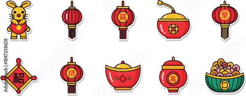 Chinese New Year Celebration Lanterns, Gold Ingots, and Festive Symbols