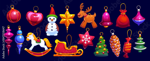 Cartoon Christmas tree toys, decorations and balls, baubles and globes. Vector glass Xmas ornaments in shape of Christmas tree, reindeer and snowman, star, bell, sleigh and candy hanging decorations