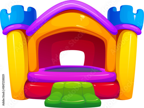 Trampoline park bouncy house, inflatable castle with yellow towers, purple roof and blue turrets, green entry step, purple rooftop. Cartoon vector outdoor amusement for kid parties, outdoor fun