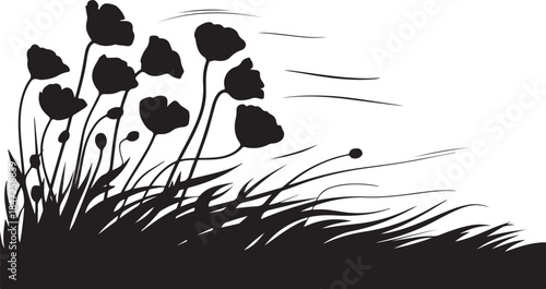 Silhouette of a field of poppies swaying in the wind transparent background