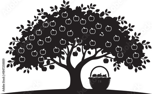 Black silhouette of an apple tree with apples and a basket transparent background