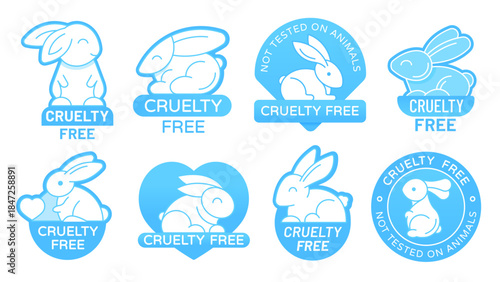 Cruelty free icons of bunny rabbits for not tested on animal labels, vector set. Cruelty free bunny rabbit icons for vegan products or certificates stamp for no experiment on animals guarantee seal