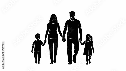 Silhouette of a happy family walking together holding hands.