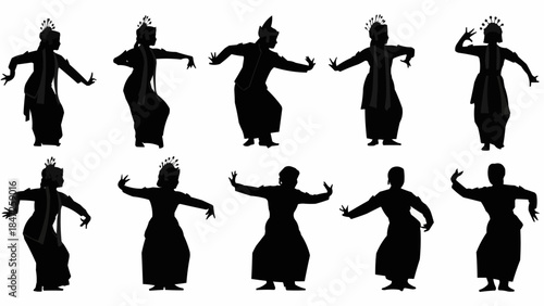 Silhouettes of dancers in traditional costumes performing various poses.