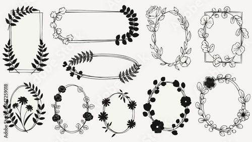 Collection of Hand Drawn Floral Wreaths and Frames for Design Elements.