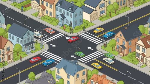 Busy Suburban Intersection with Cars and Houses.
