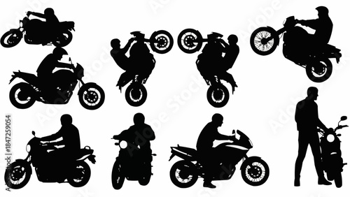 Collection of Motorcycle Silhouettes Showing Various Poses and Actions.