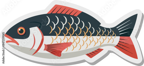 Fish Illustration with Intricate Scale Pattern and Red Accents
