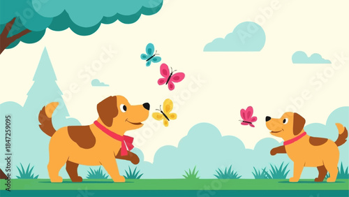 Two happy dogs playing with colorful butterflies in a sunny park.