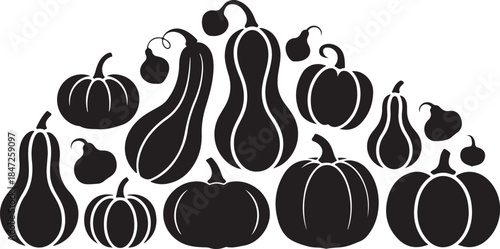 Various autumn pumpkin silhouettes including different shapes and sizes for harvest season