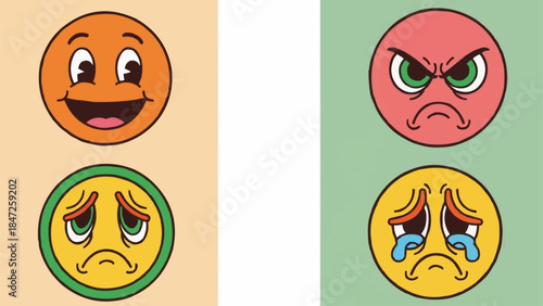 Set of four expressive cartoon faces showing different emotions.