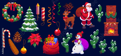 Cartoon Christmas and winter holiday characters. Vector Xmas tree, Santa, reindeer and snowman characters with Christmas gift bags. Present boxes in red sack, Xmas wreath and fireplace with stockings