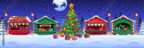 Winter Christmas market shops and stalls, Xmas fair bazaar with festive street lights. Cartoon vector winter card shows Santa Claus flying in sleigh with reindeer above holiday market