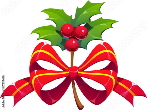 Christmas holiday cartoon holly leaf and berry decoration. Xmas festive isolated element, merry Christmas celebration vector object. Winter holiday evergreen holly plant decoration with red ribbon bow