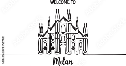 Welcome to Milan line art illustration of Duomo Cathedral iconic landmark