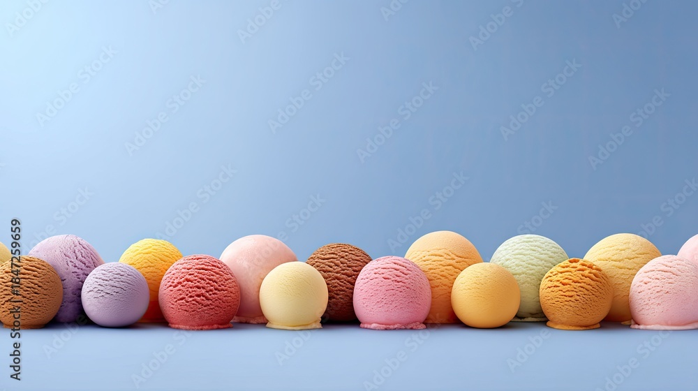 Fototapeta premium Colorful Assortment of Ice Cream Scoops on Soft Blue Background, Perfect for Summer Dessert Ideas and Culinary Inspiration for Food Photography