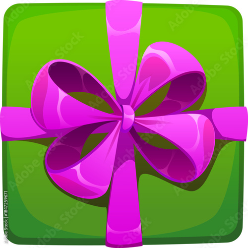Merry Christmas green gift box cartoon decoration or element. Xmas festive present, happy New Year celebration gift vector decoration. Merry Christmas holiday giftbox with violet, pink ribbon bow