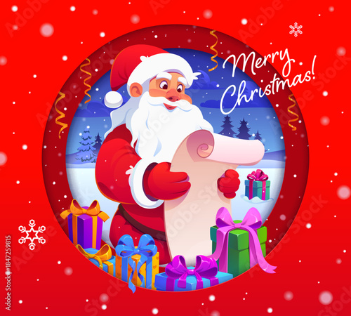 Santa with wishlist for Christmas greeting card and winter holidays, cartoon vector. Merry Christmas greetings with Santa reading wish list scroll for New Year gifts in paper cut frame with snowflakes