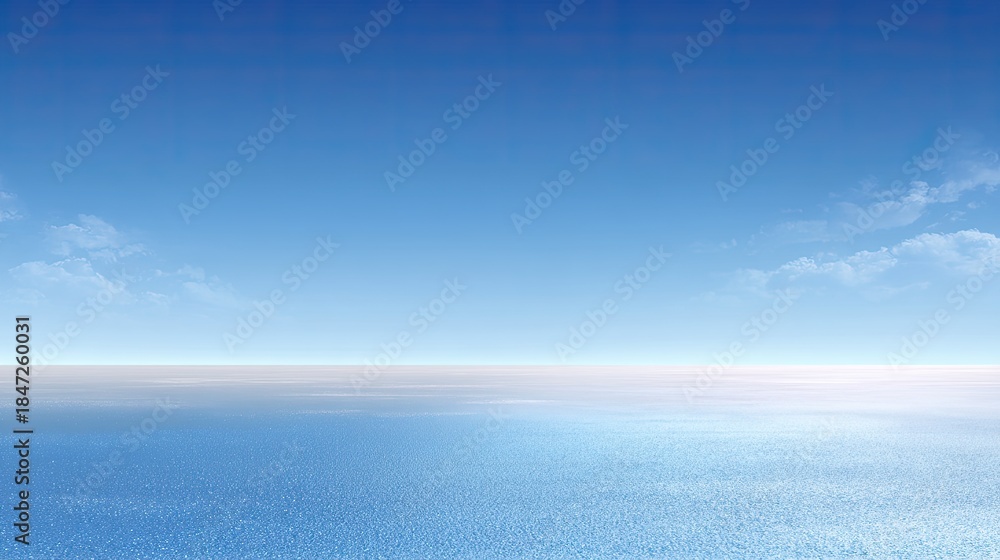 Fototapeta premium Serene Horizon View Over Calm Ocean Waters with Clear Blue Sky and Soft White Clouds Under Bright Sunlight in Tranquil Natural Environment