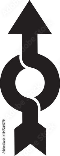 Black arrow with a circular path symbolizing an upward and downward cycle on transparent background