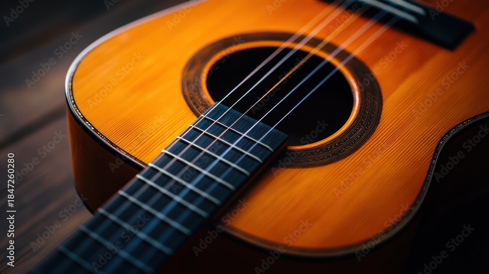 Fototapeta premium Close-up acoustic guitar on wooden surface