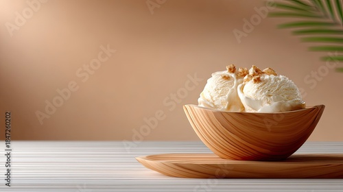 Wallpaper Mural Creamy vanilla ice cream scoops served in a wooden bowl with nuts on top placed against a warm background, perfect for dessert inspiration and food photography Torontodigital.ca
