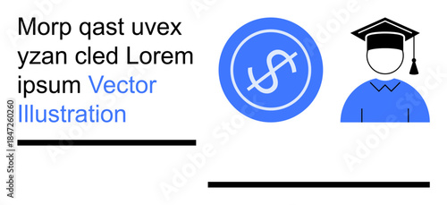 Education, scholarship funding, financial planning, student loans, learning, career growth. A graduate cap and a dollar coin with text elements. Education and scholarship funding concept