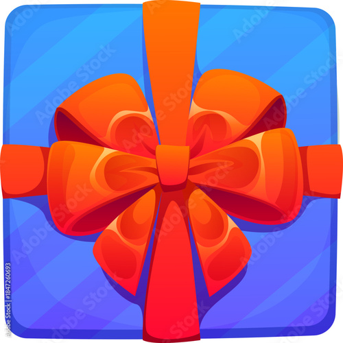 Christmas holiday cartoon square blue gift box decoration or sticker. Happy New Year celebration surprise isolated decoration, merry Christmas party vector gift. Winter giftbox top view with red bow