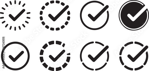 Set of black check mark icons in various circles symbolizing approval completion