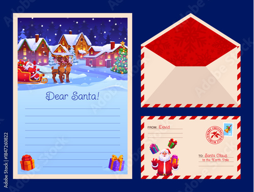 Christmas wishlist and mail letter envelope for Santa. Vector cartoon paper wish list, envelope and stamped mail for Santa. Decorative borders and blank writing space, cozy holiday stationery for kids