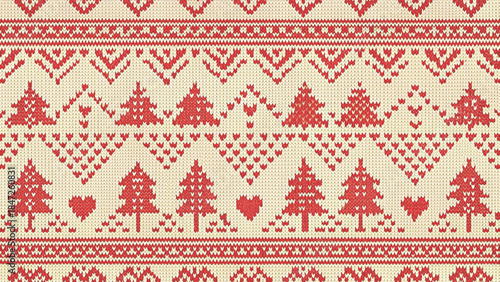 nordic fair isle seamless pattern with pixel-style christmas trees and hearts vector background 