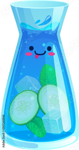 Cartoon water vector drink character. Cute kawaii jug filled with refreshing water, cucumber slices, mint leaves and ice cubes. Jug has kawaii smiling face with pink cheeks and tongue sticking out