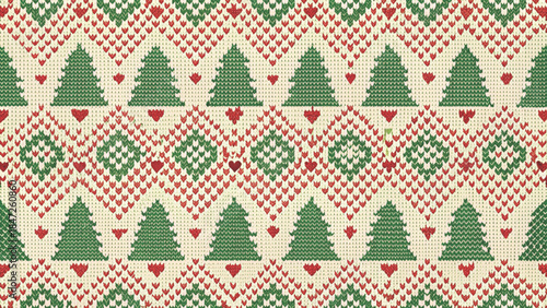 nordic fair isle seamless pattern with pixel-style christmas trees and hearts vector background 