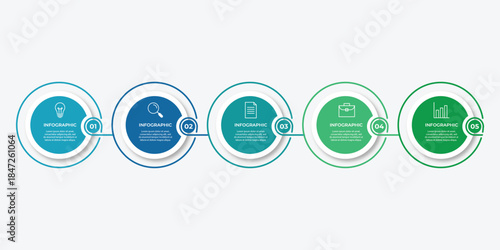 Vector circle flowchart label design for business process. Timeline connected with 5 steps or options.