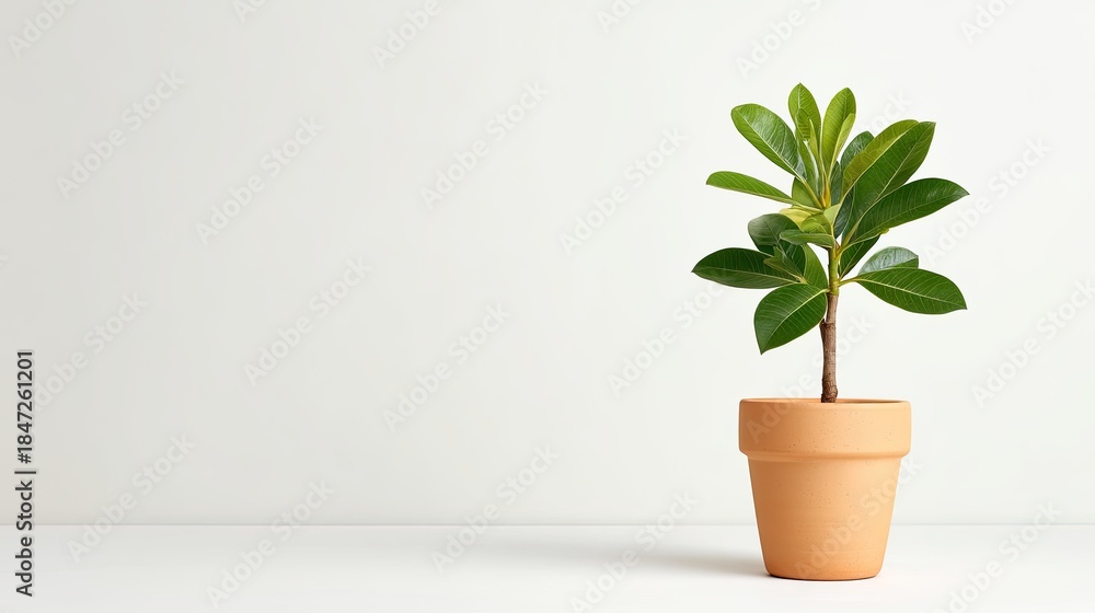 Fototapeta premium Green indoor plant in terracotta pot against minimalistic background, showcasing natural beauty and tranquility in home decor and interior design styles