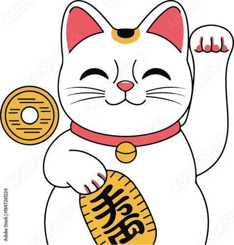 A Cheerful Beckoning Cat with Lucky Coin