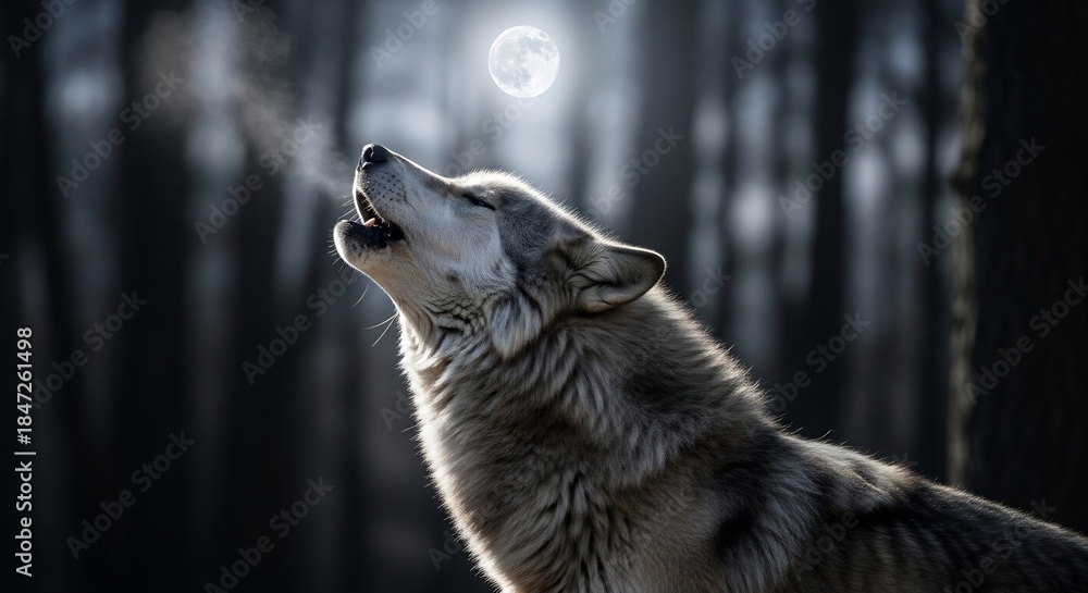 Fototapeta premium Wolf howling at the full moon in a forest at night