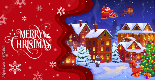 Paper cut Christmas greeting card with funny animal characters, winter holiday town and flying Santa on sleigh. Cartoon 3d vector papercut layered frame with Father noel rides deer sled in night sky