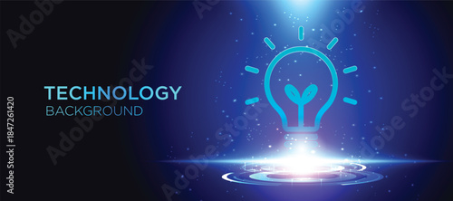 Technology innovation concept with glowing light bulb and digital growth symbol on futuristic background. Modern vector illustration for startup ideas, creative thinking, innovation technology