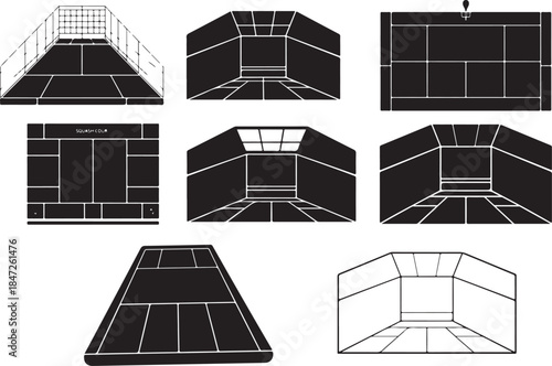 Collection of eight black squash court perspective and overhead view illustrations on transparent