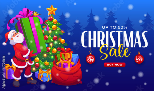 Christmas seasonal sales banner with Santa carrying a huge gift to a decorated pine tree. Vector gift sack on snow. Banner with prominent discount text for holiday promotions and sales events